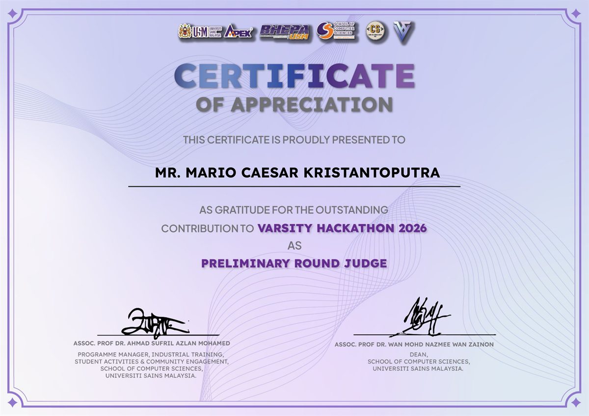 Certificate of Appreciation - Preliminary Round Judge at Varsity Hackathon USM 2026 preview